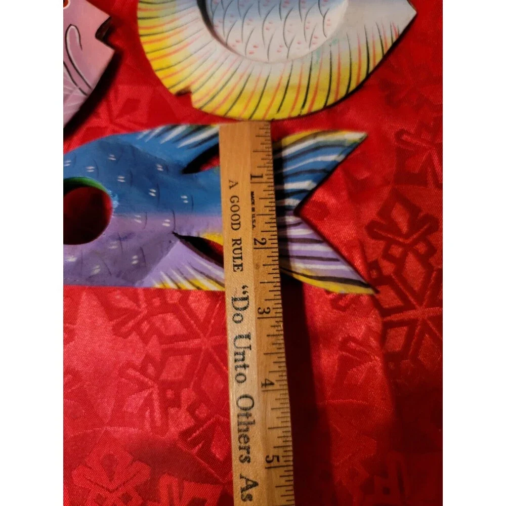 Hand Painted Wooden Fish Napkin Rings Home Decor Set of 6 with 4 Coasters